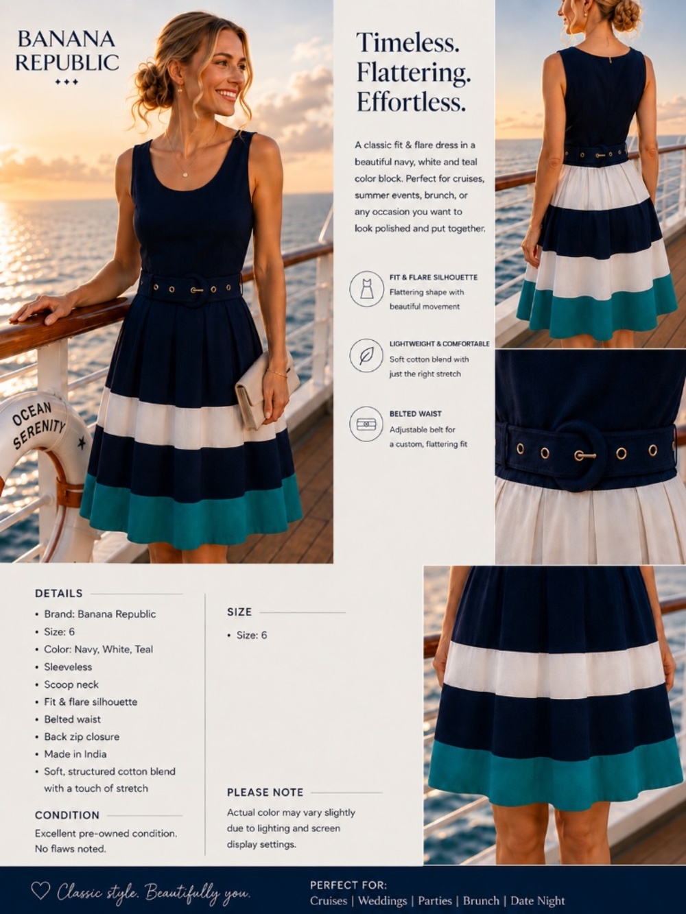 Banana Republic Navy White Teal Fit & Flare Dress Size 6 Belted Summer Cruise Dr